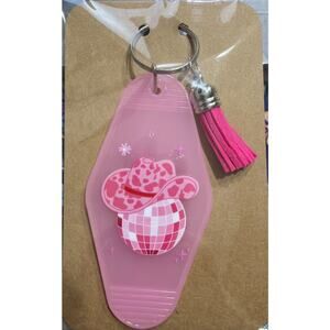 Cowboy Disco Ball Pink Tassel Vintage Hotel Motel Keychain Key Chain Handmade